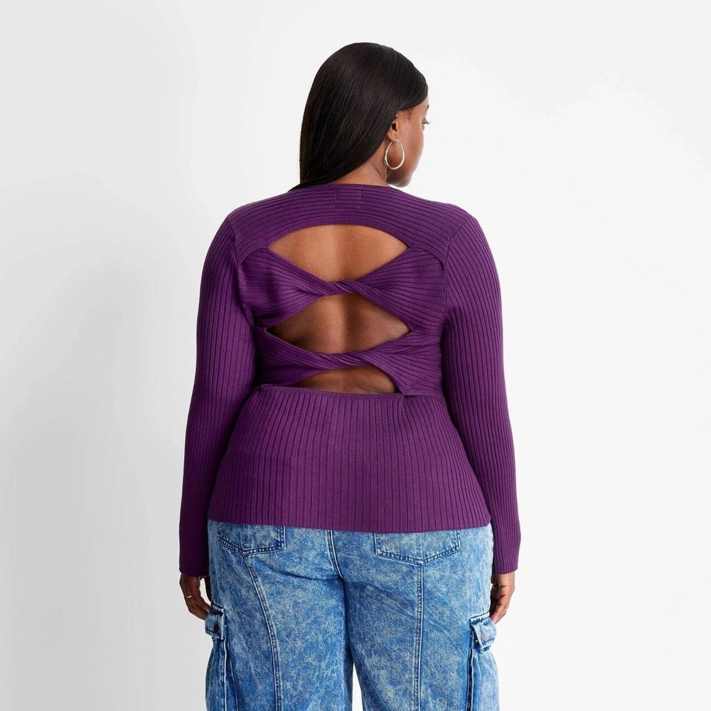 nwt future collective‎ plus 3X purple cutout long sleeve ribbed crewneck sweater